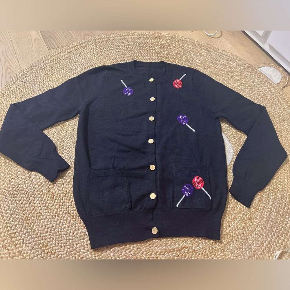 Elegant Black Cardigan with Lollipop Accents